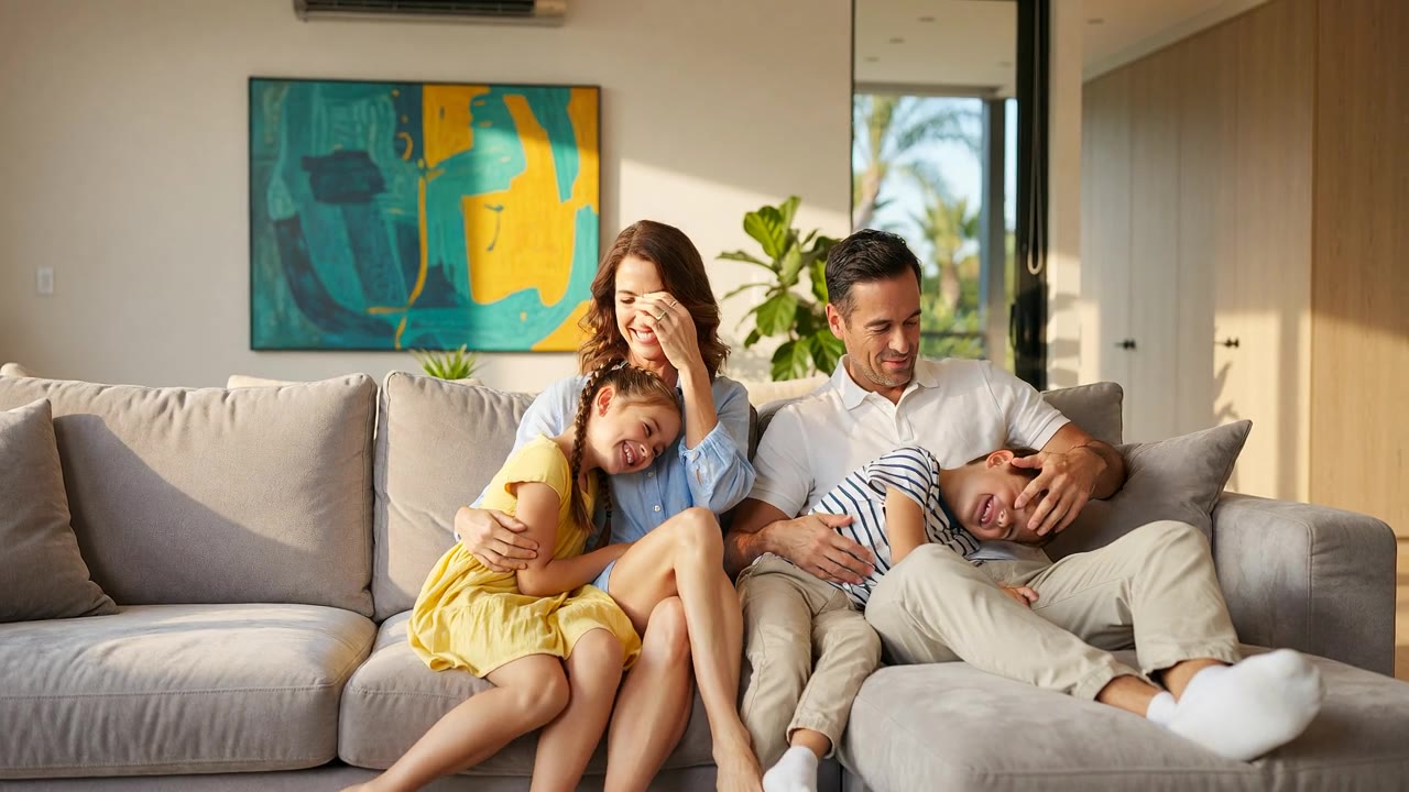 Family relaxing in a modern Fullerton living room served by Fullerton HVAC